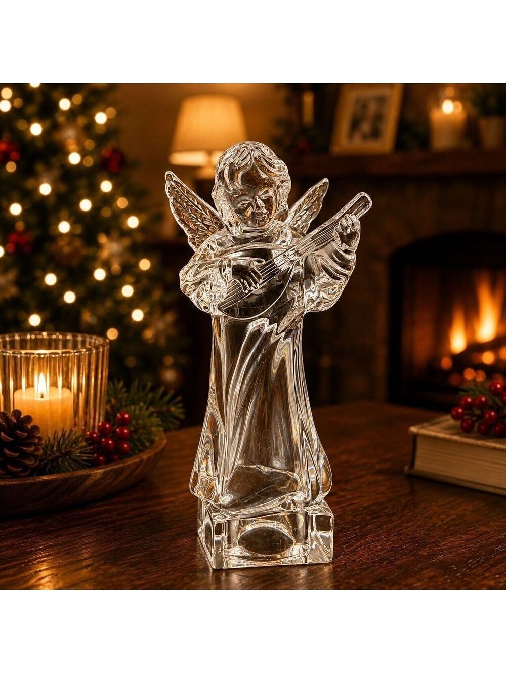 Vintage Mikasa Clear Glass Angel Playing Mandolin Figurine 8.25" Musical Angel